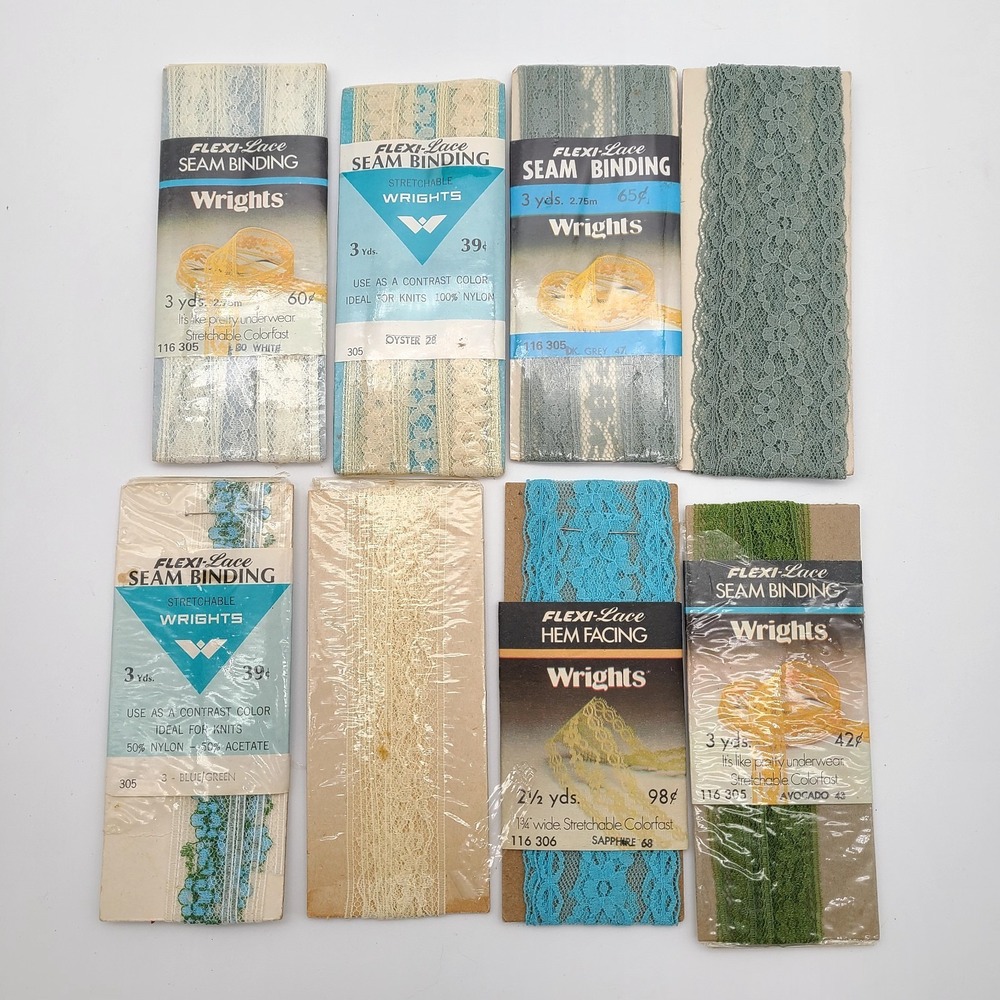 Vintage LOT Of 8 Flex/Stretch Lace Seam Binding WRIGHTS New/Sealed Pkgs 3 yards